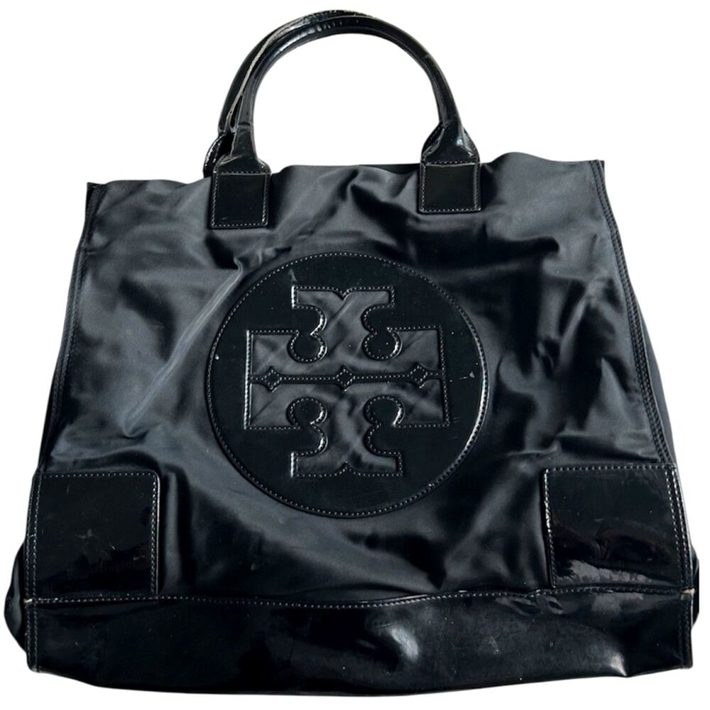 Tory Burch Ella Large Black Nylon Patent Logo Tote Bag